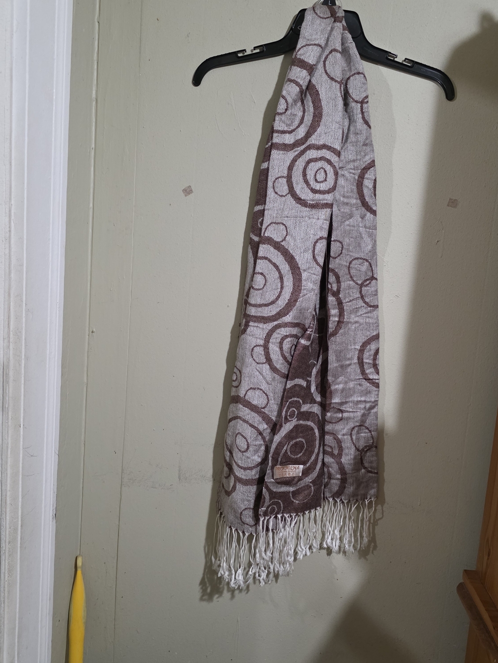 pashmina Light Gray and Brown Circular Pattern Fringe Wrap